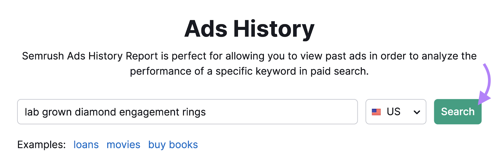 Semrush Ads History tool start with keyword entered and arrow pointing to search button
