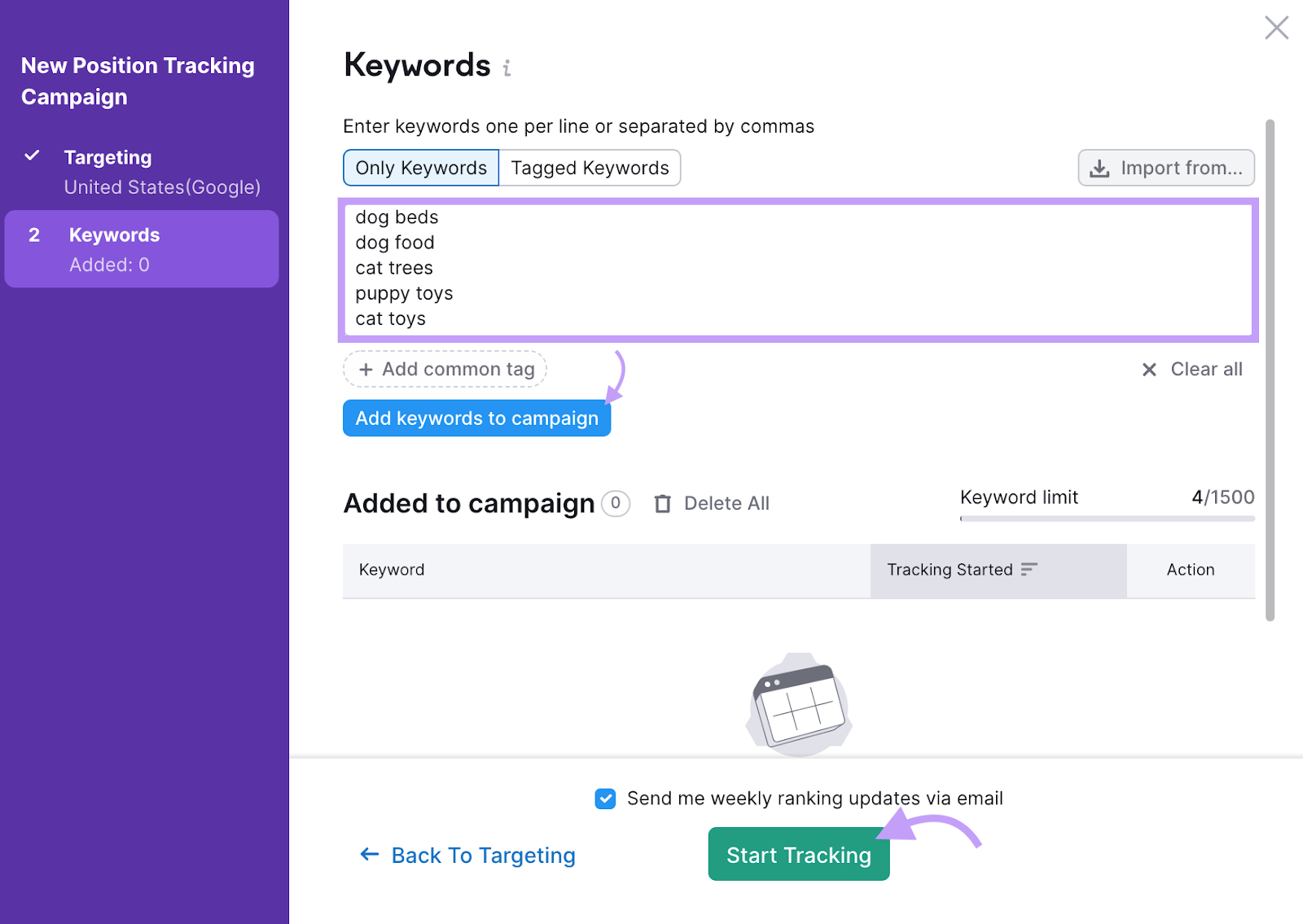 Position tracking keywords settings screen showing keywords to track such as dog beds and dog food.