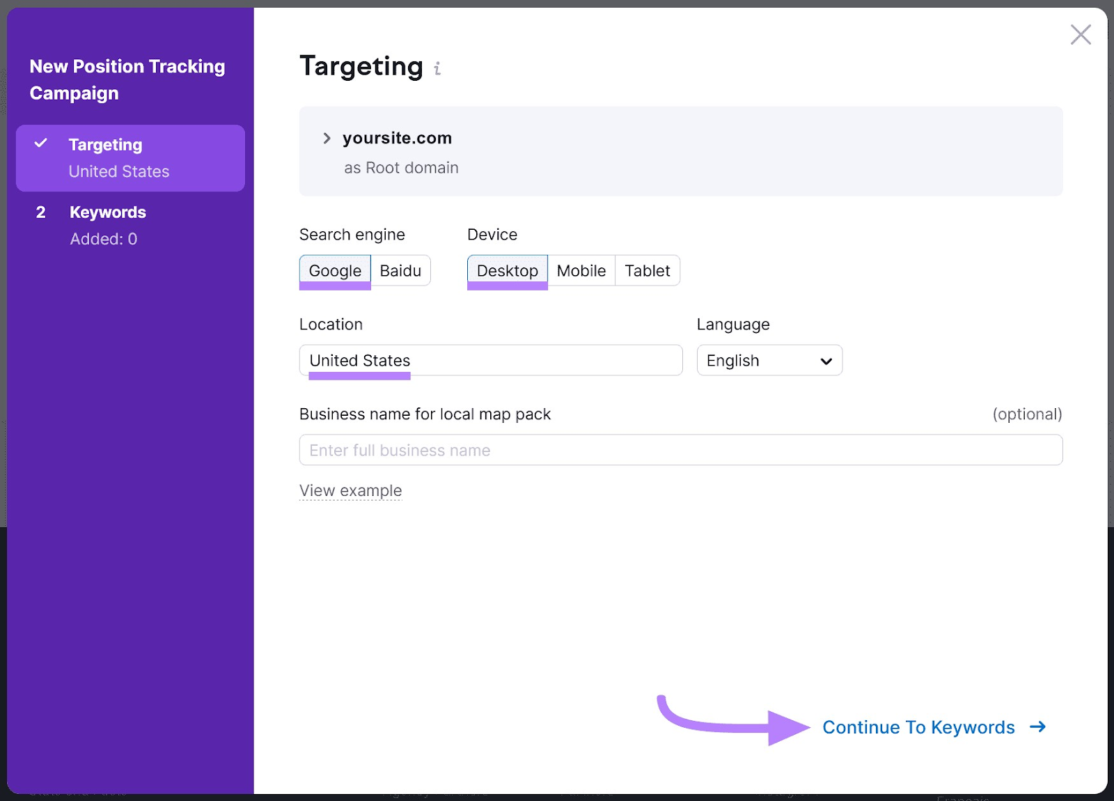 "Targeting" window in Position Tracking settings