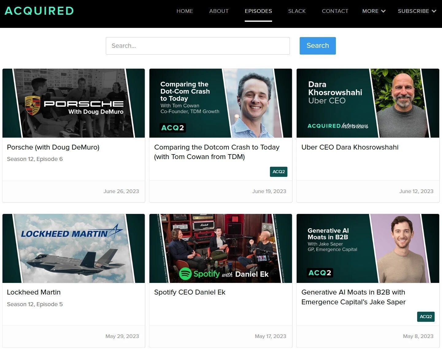 a snapshot of “Acquired” podcast featuring six of them on their site