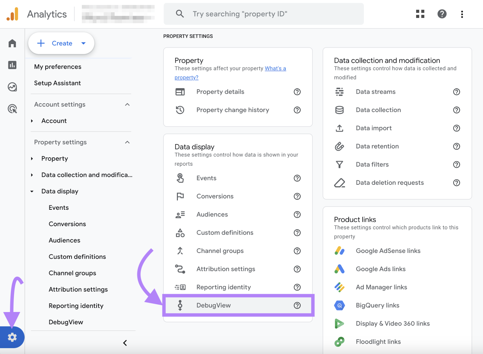 Navigating to “DebugView" in GA4 admin