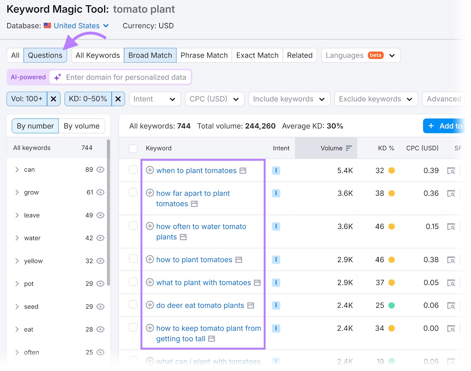 "Questions" filter and the "Keyword" column highlighted in Keyword Magic Tool