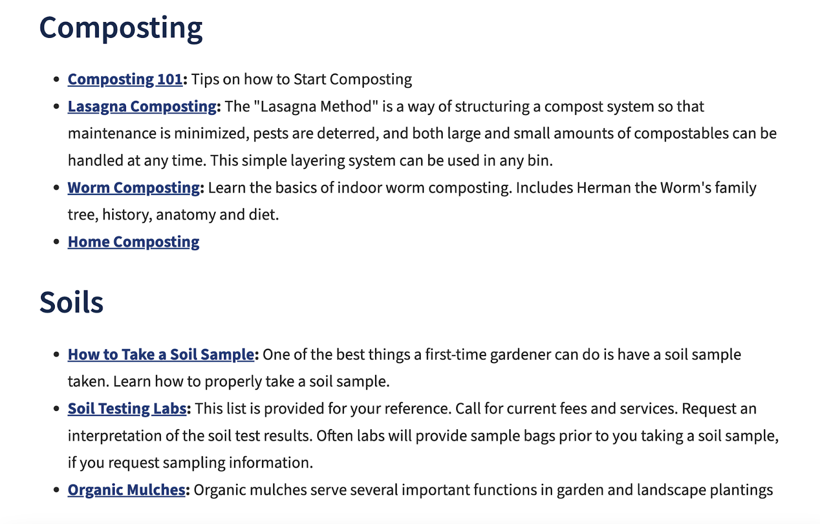 Resource page includes links to composting and soils such as composting 101 and how to take a soil sample among many others