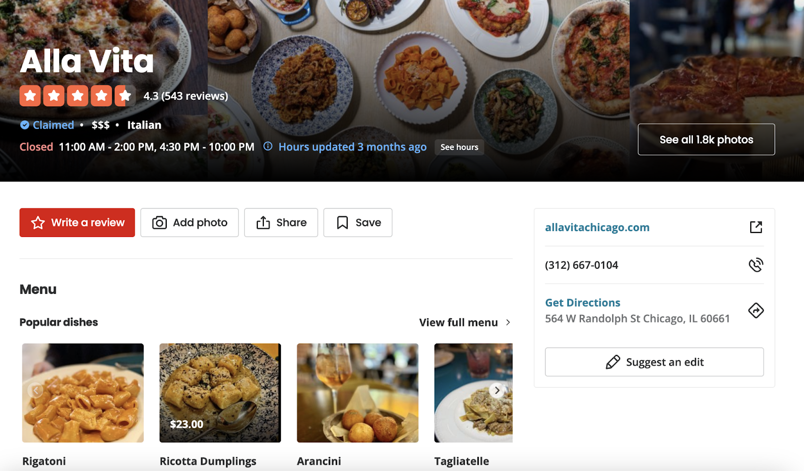 restaurant's yelp page shows popular dishes, website url, phone number, directions, and more