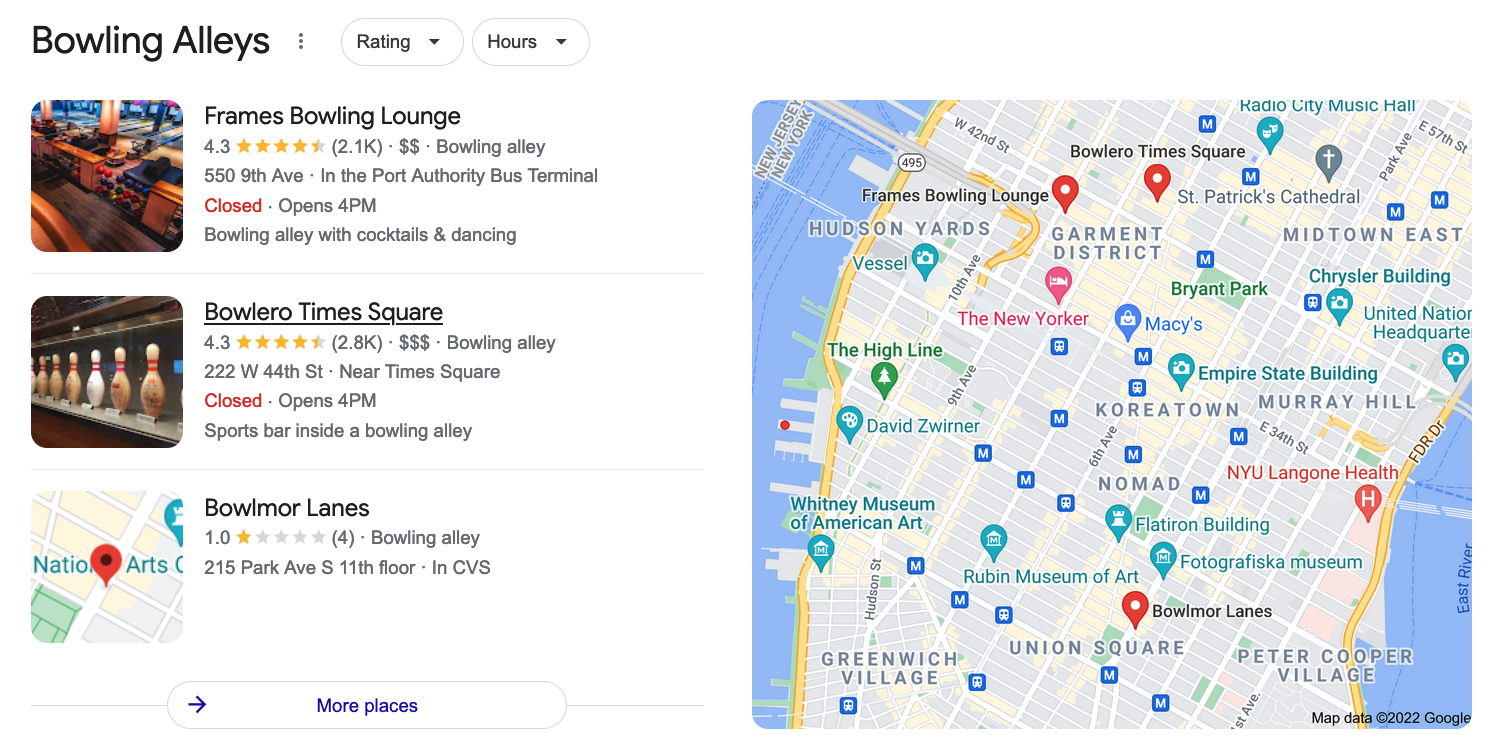Bowling alley Local Pack SERP feature