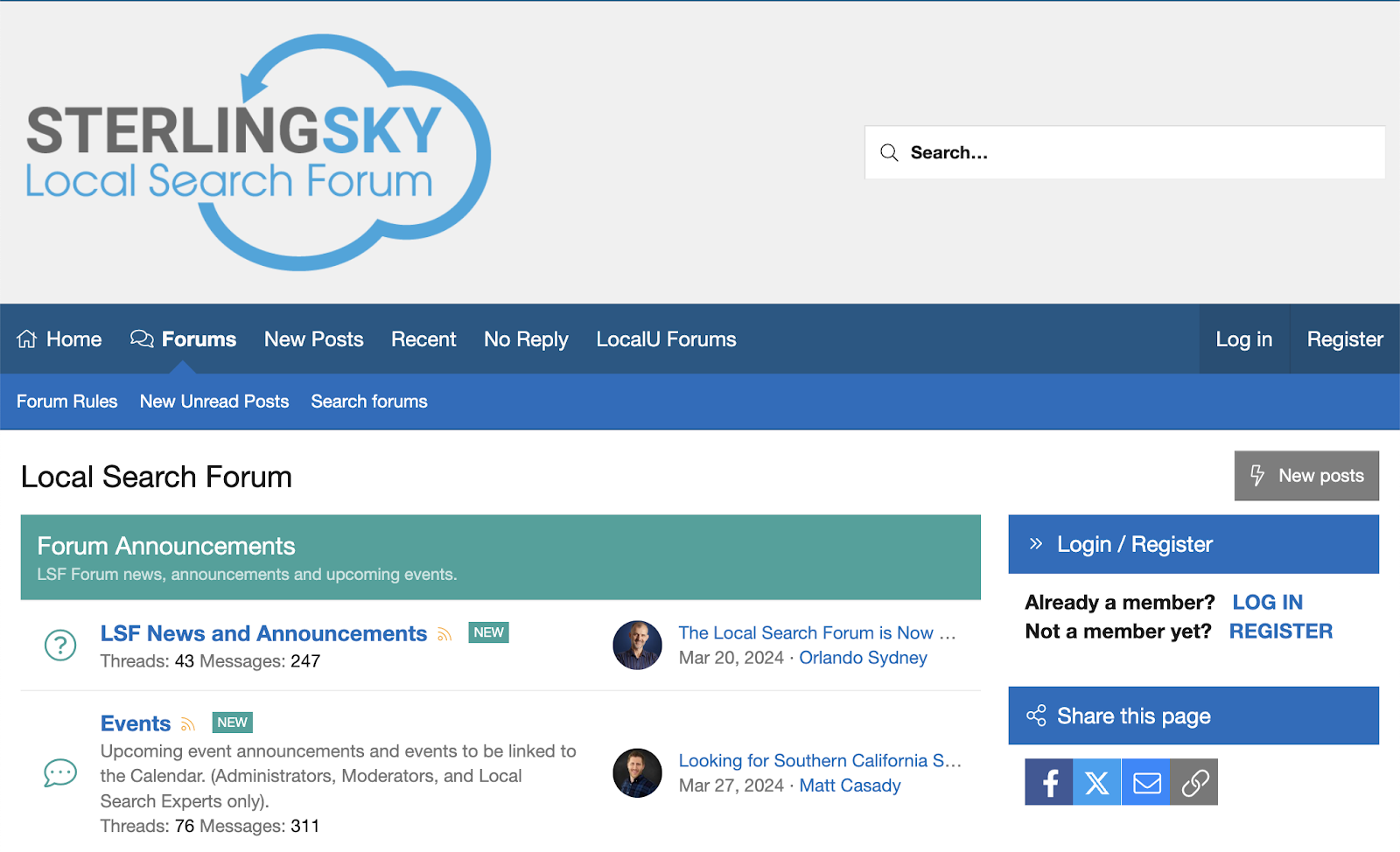 Local Search Forum homepage with announcements.