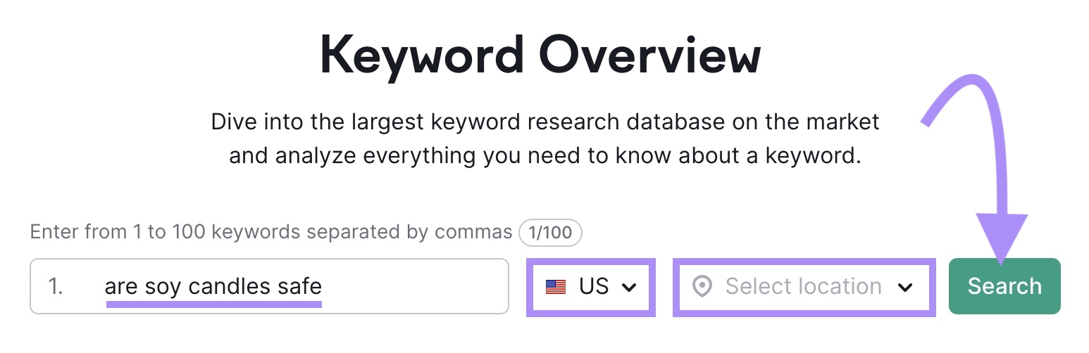 "are soy candles safe" entered into the Keyword Overview tool