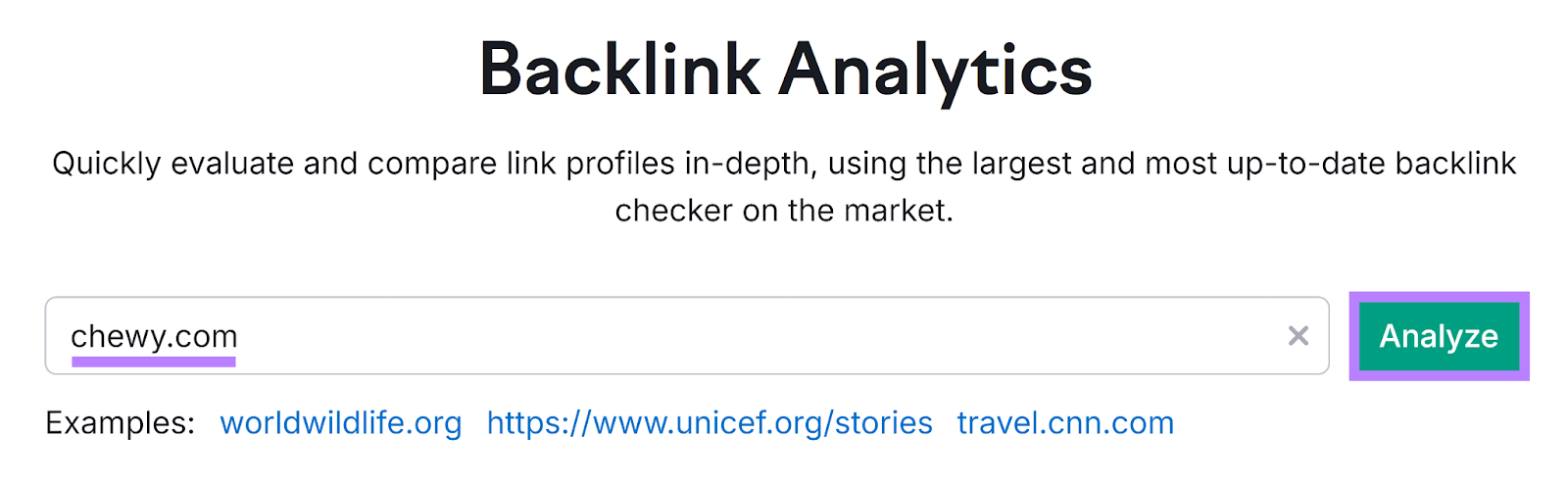 Backlink Analytics tool start with domain entered and Analyze button highlighted