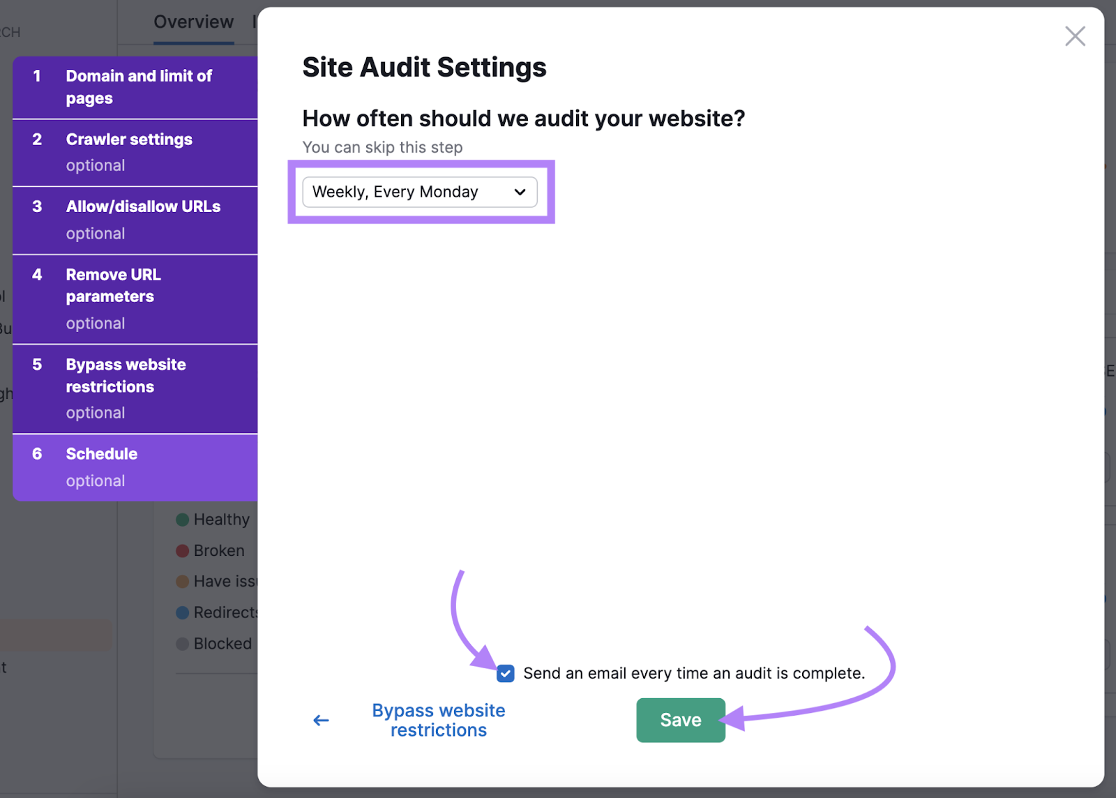 site audit settings popup