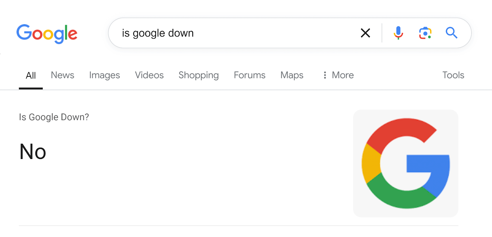 Google SERP for 'is google down'