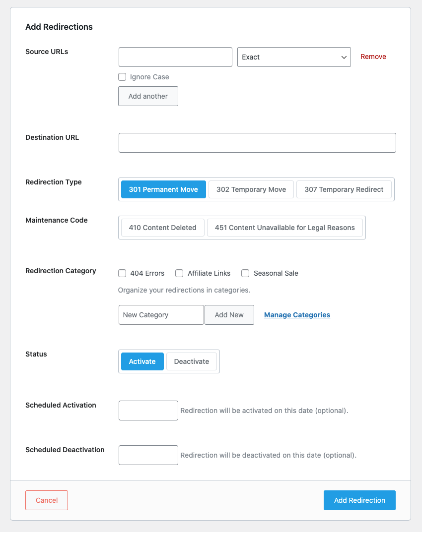 “Add Redirections” page in Rank Math Plugin