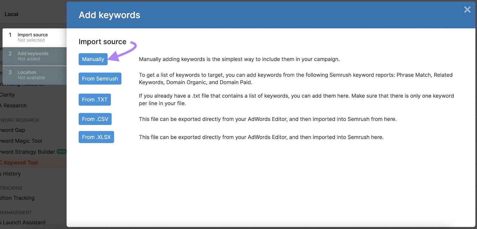 'Manually' option selected in 'Add keywords' window in Semrush PPC Keyword Tool