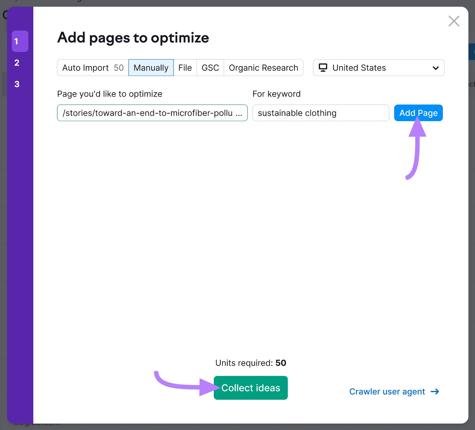 "Add pages to optimize" window in On Page SEO Checker settings