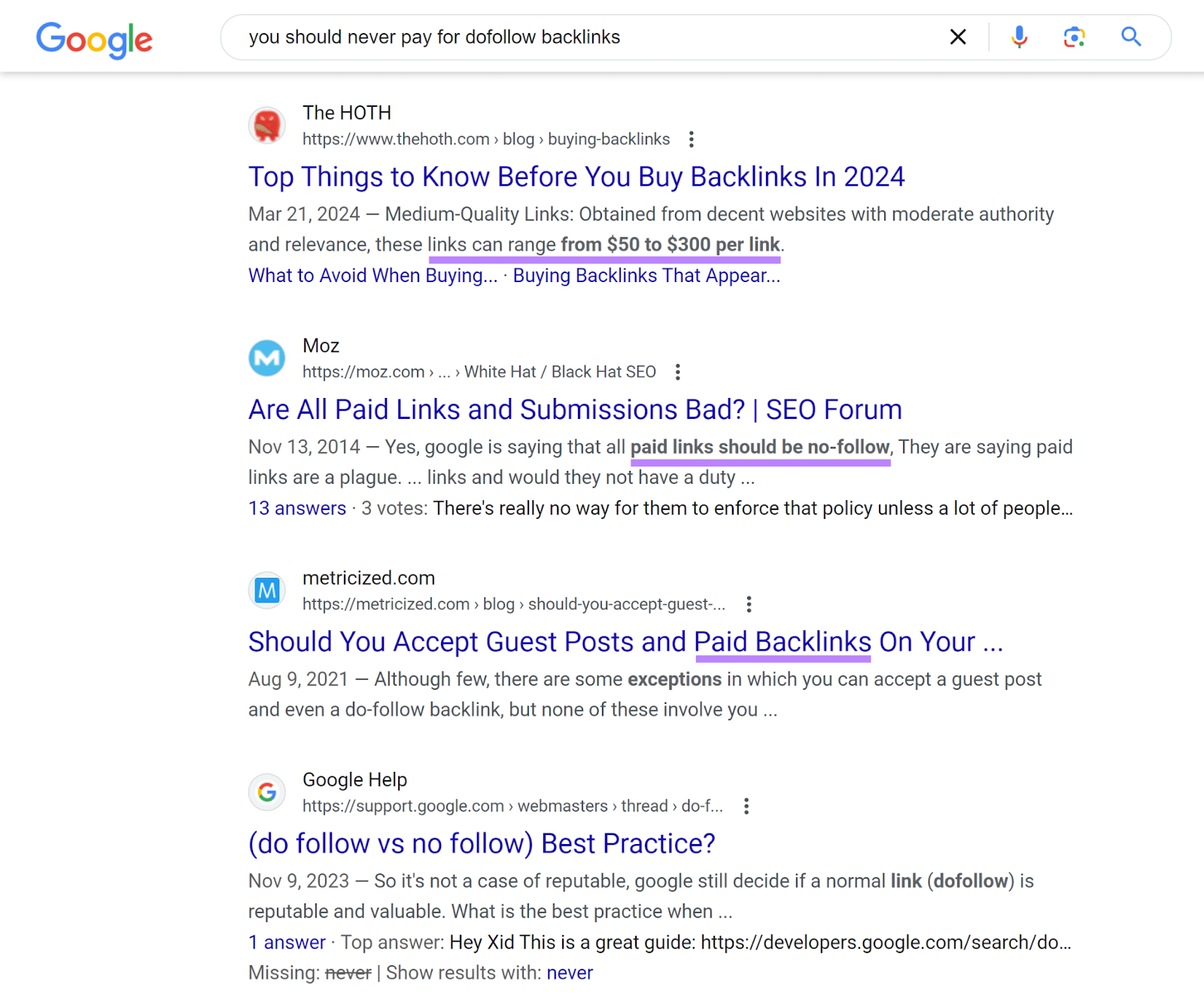 Google SERP for 'you should never pay for dofollow backlinks' with close-match results highlighted