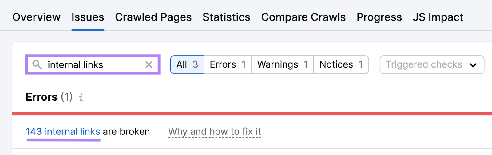Searching for "internal links" under Site Audit's “Issues” tab