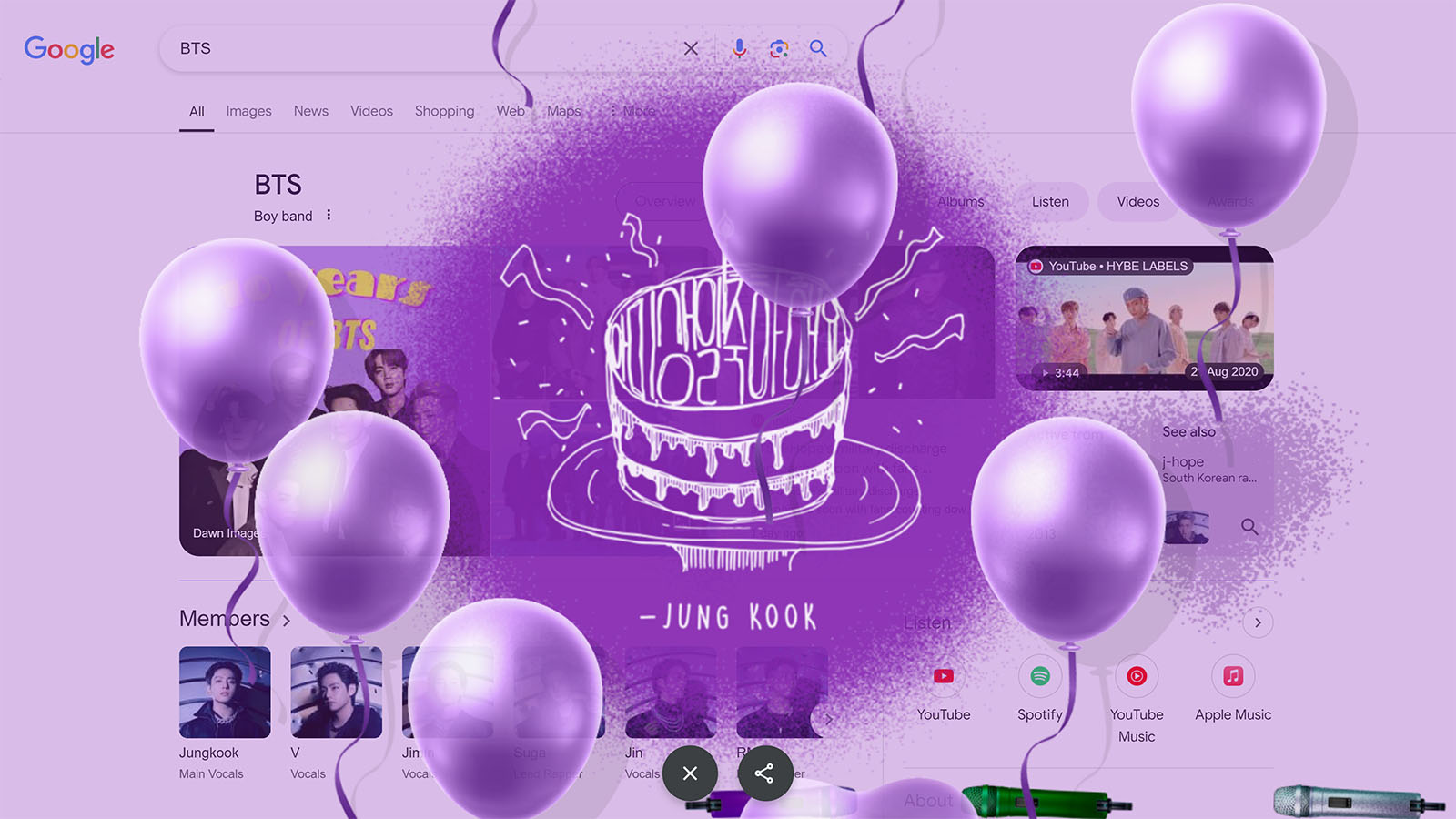 Google SERP easter egg showing purple balloons and messages from BTS brand members when popped