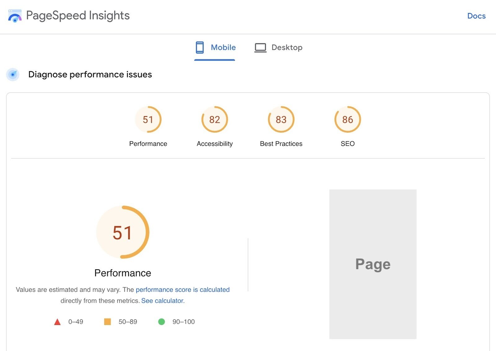 PageSpeed Insights with scores for a site's performance, accessibility, best practices, and SEO