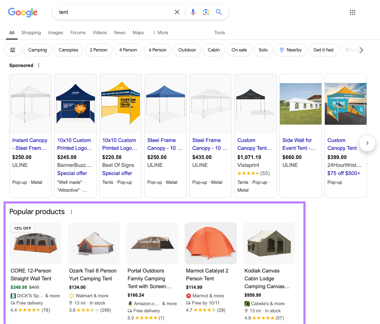 Popular products appear below paid results in the SERP