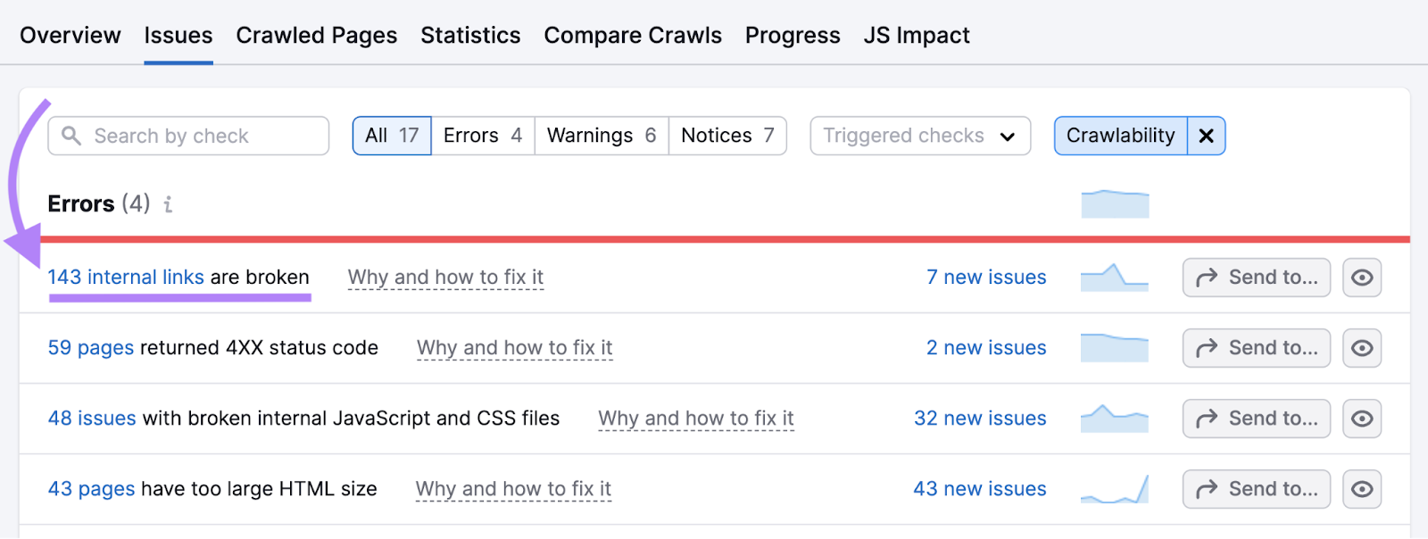 "143 internal links are broken" issue highlighted under "Errors" section in Site Audit tool