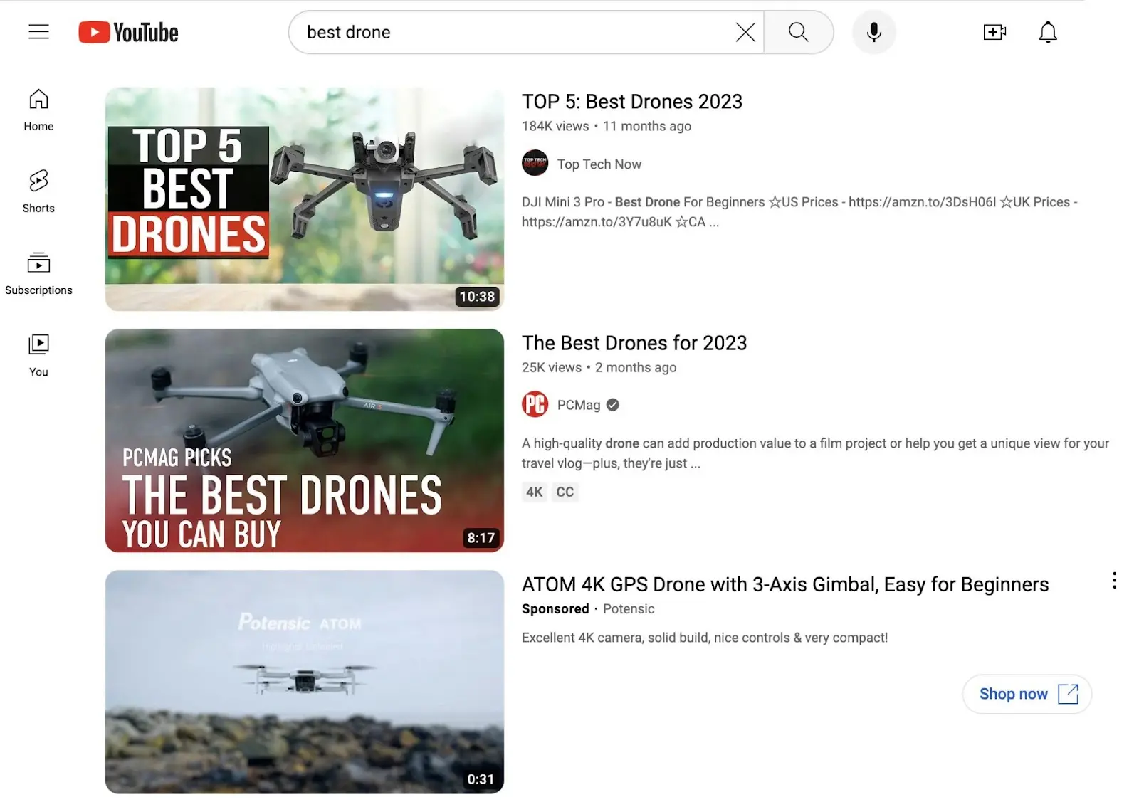 YouTube search results for 'best drone' showing different content formats