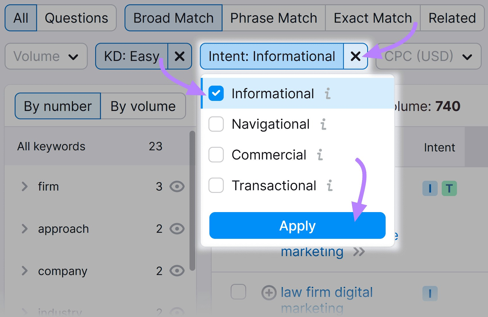 “Intent” filter drop-down menu