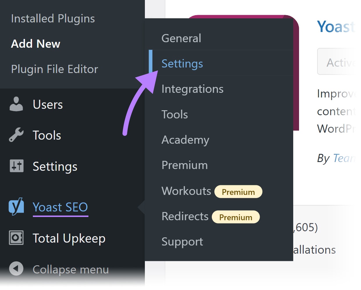 "Settings" selected from the Yoast SEO menu in WordPress