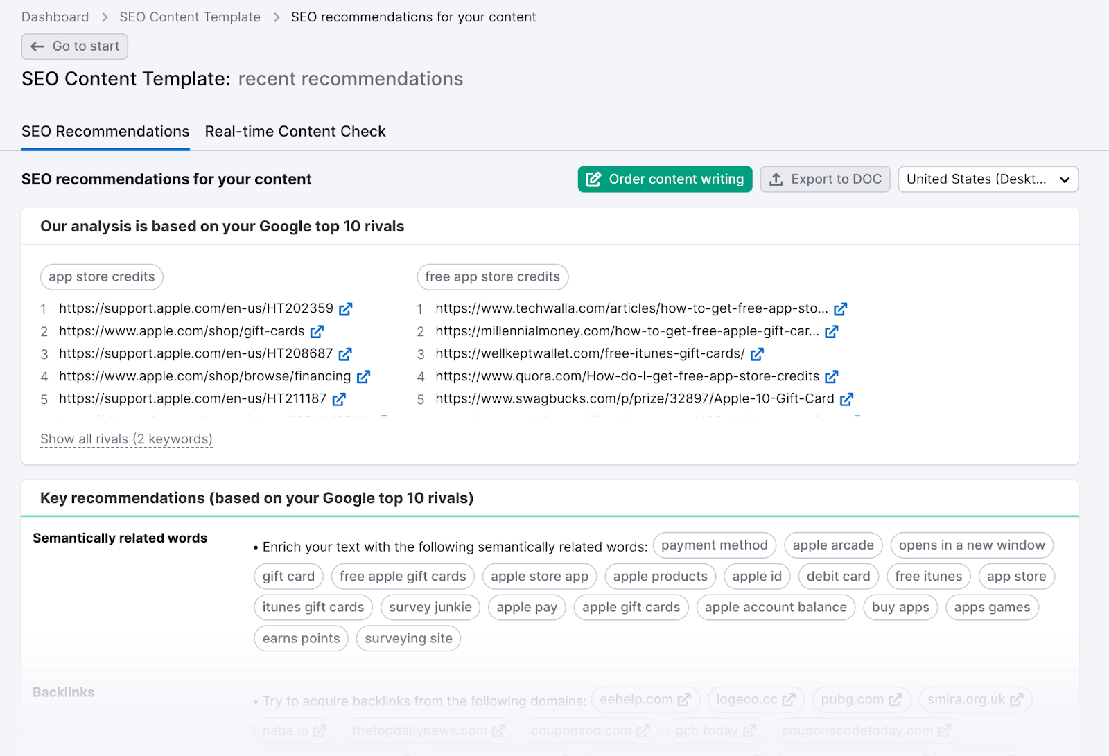 SEO Content Template recommendations shows what pages rank and semantically related words