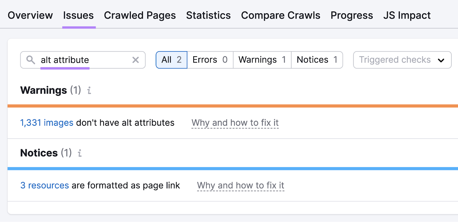 Searching for "alt attribute" under the "Issues" tab in Site Audit tool