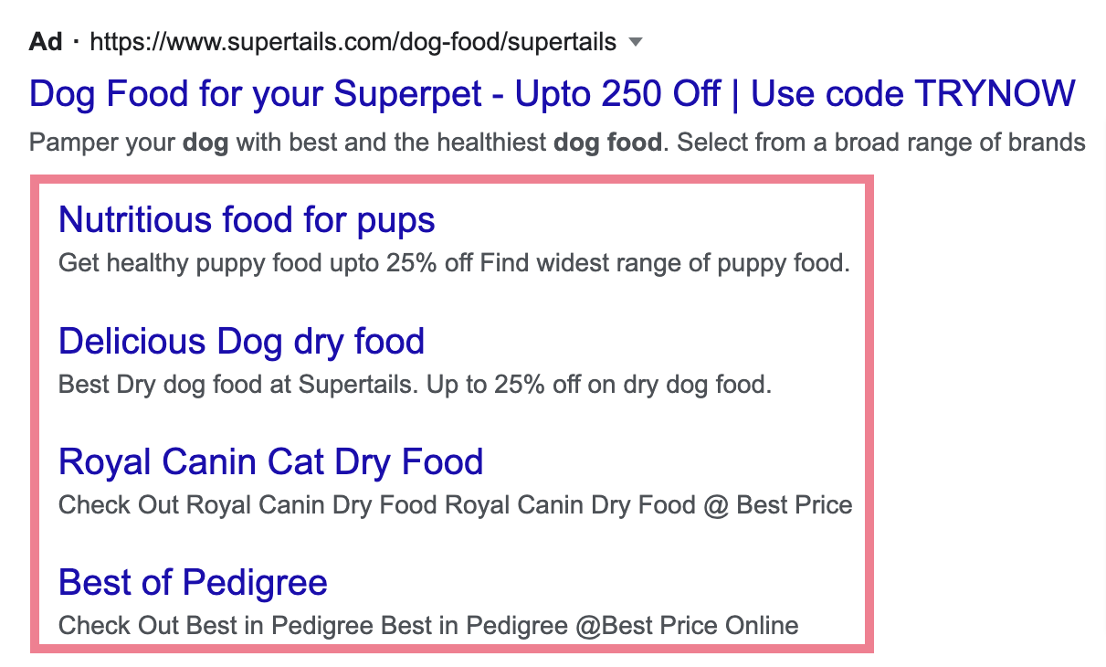 Sitelinks under an dog food ad on Google SERP