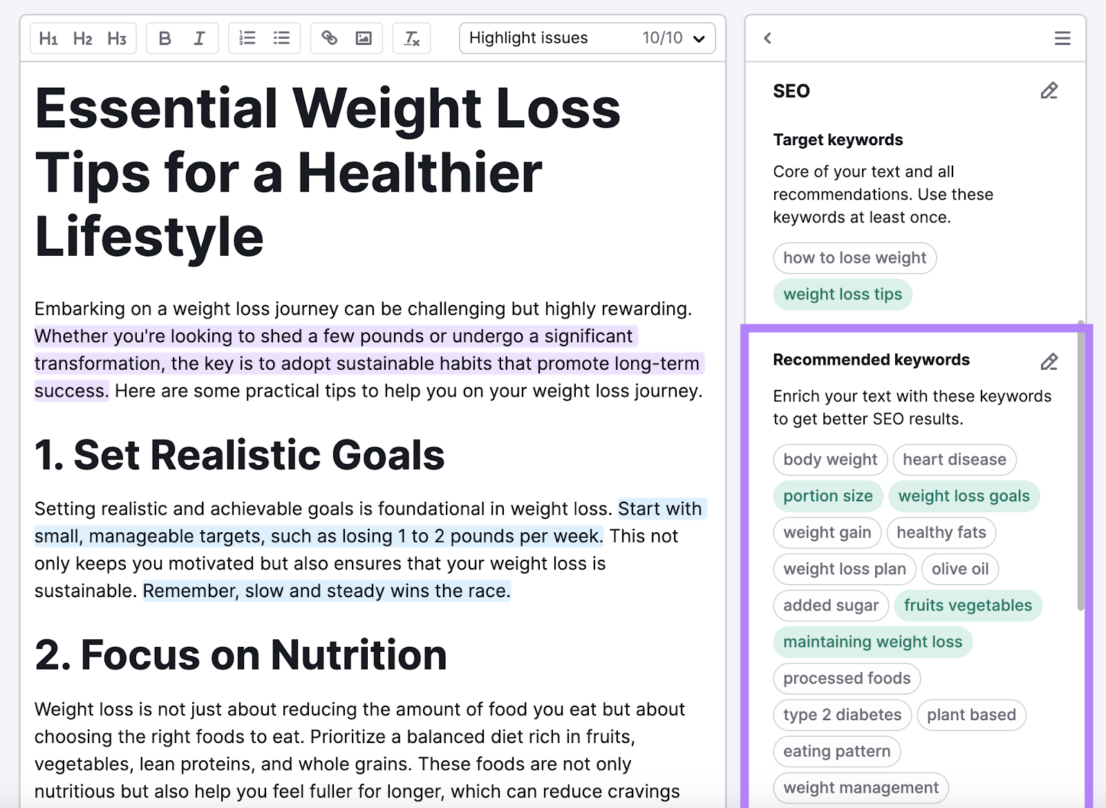 Recommended keywords are body weight, weight loss plan, processed foods, etc.