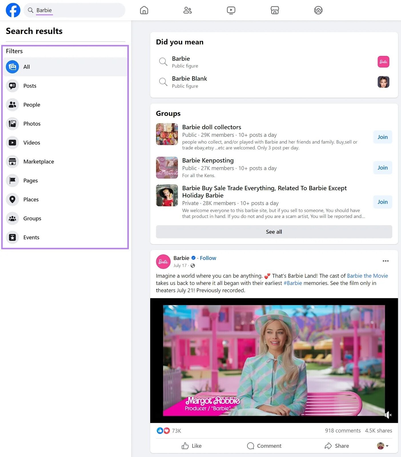 Facebook search results for "Barbie"