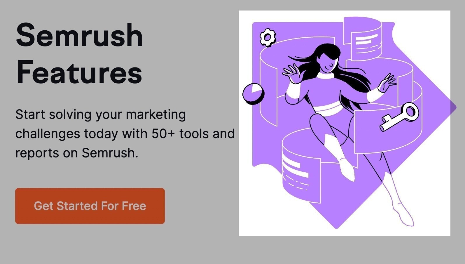 A "Semrush Features" heading is accompanied by a decorative illustration of a woman alongside a pie chart, webpage, etc.