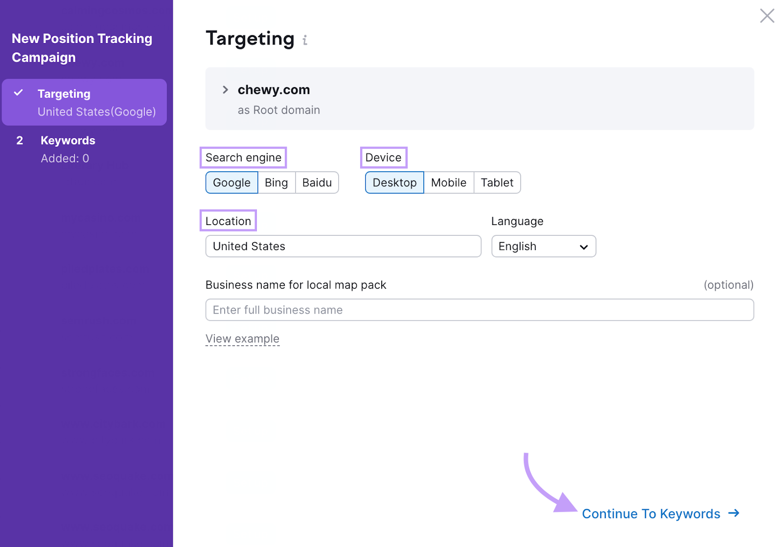 Position tracking targeting settings screen showing options to choose from such as search engine and device.