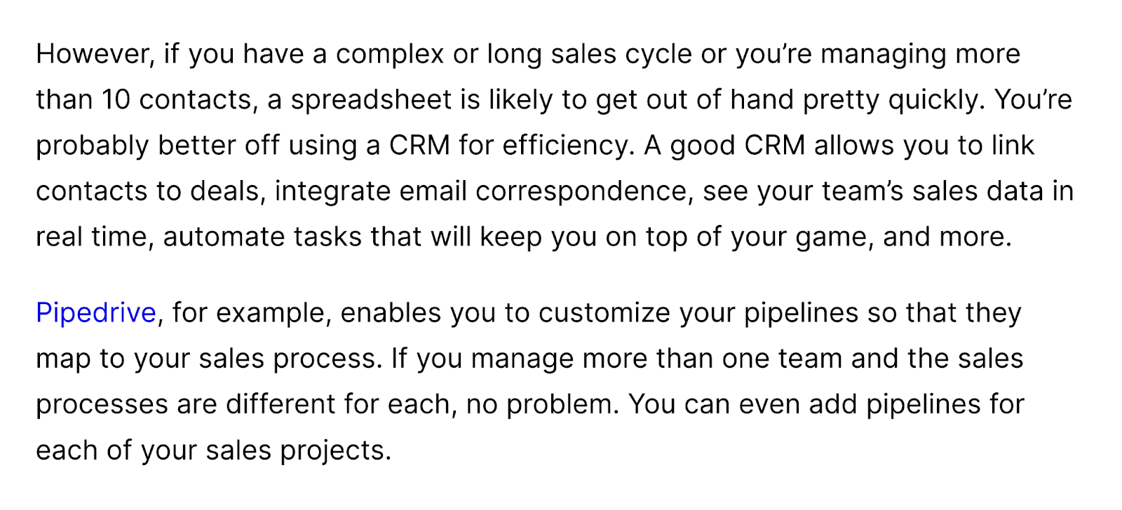 in the saas blog post, they talk about the sales cycle and good crms. then pipedrive mentions their crm solution.