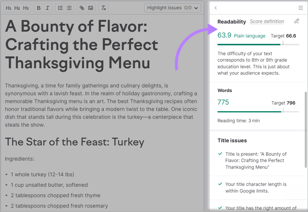 SEO Writing Assistant editor with the "Readability" score highlighted on the right panel