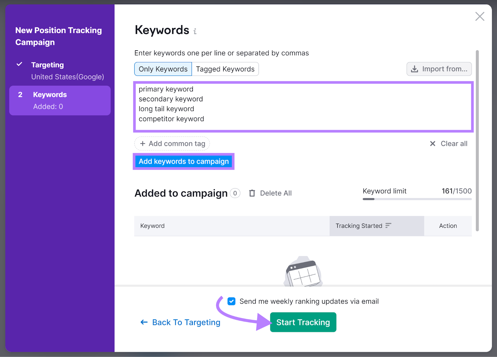 Adding keywords to New Position Tracking Campaign with arrow pointing to Start Tracking button