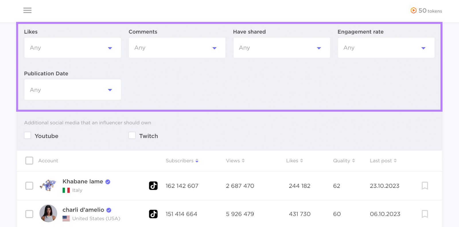 Influencer Analytics search filters