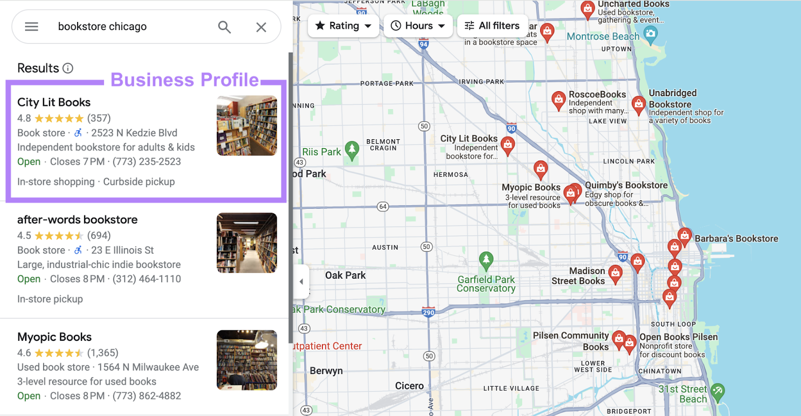 business profile highlighted in google maps results for a local search