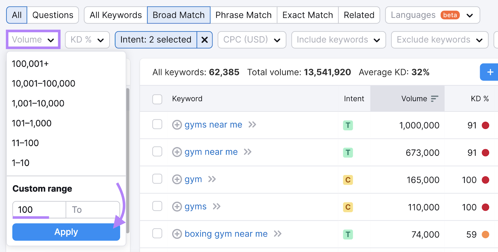 Setting custom range filter for volume in Keyword Magic Tool