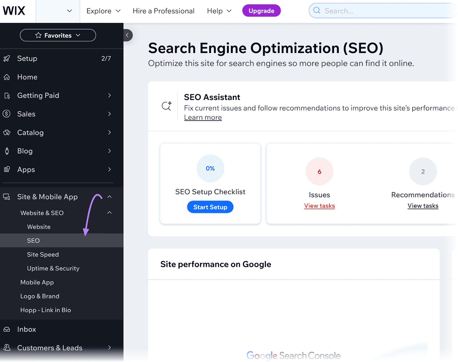 Wix dashboard displaying the navigation sidebar with the "SEO" field highlighted