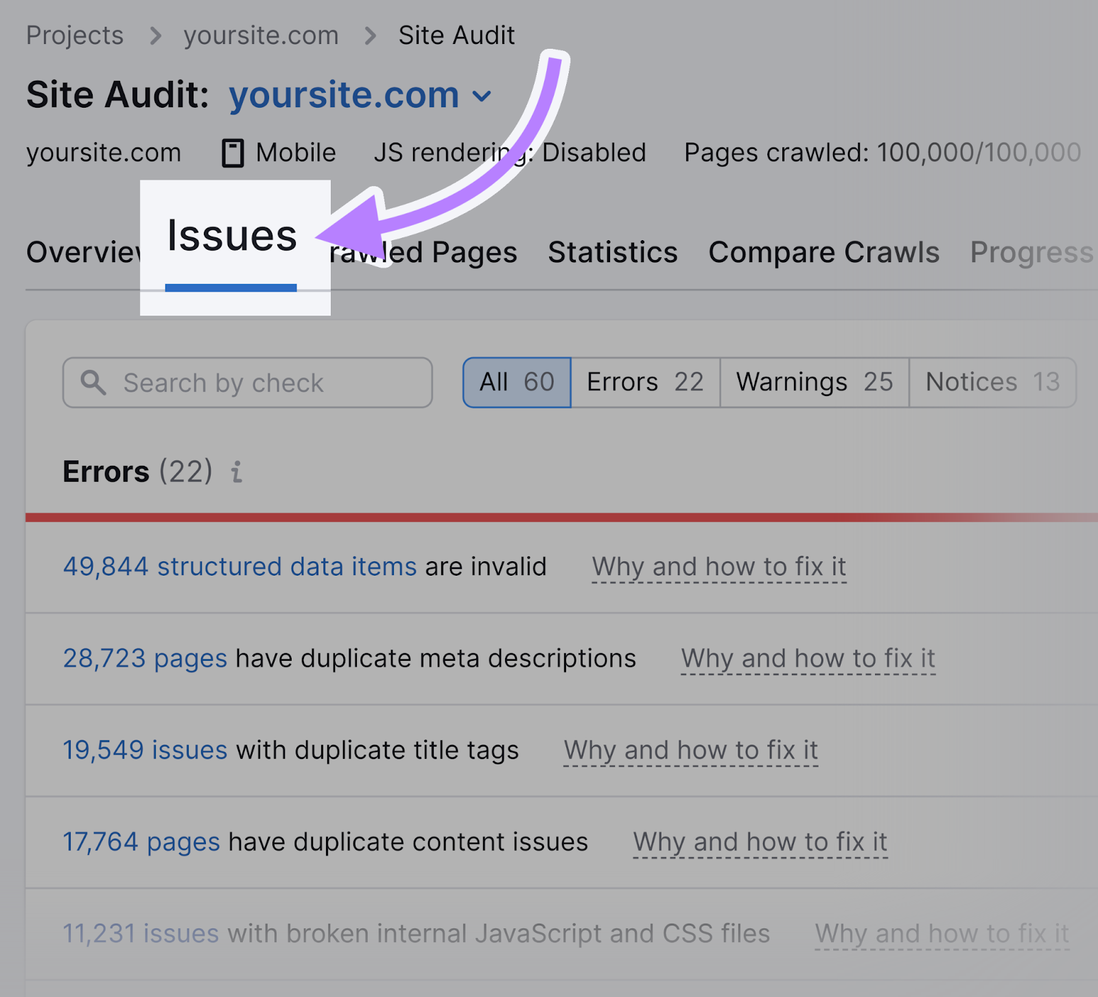 A Site Audit in Semrush. There's an arrow to the "Issues" tab.