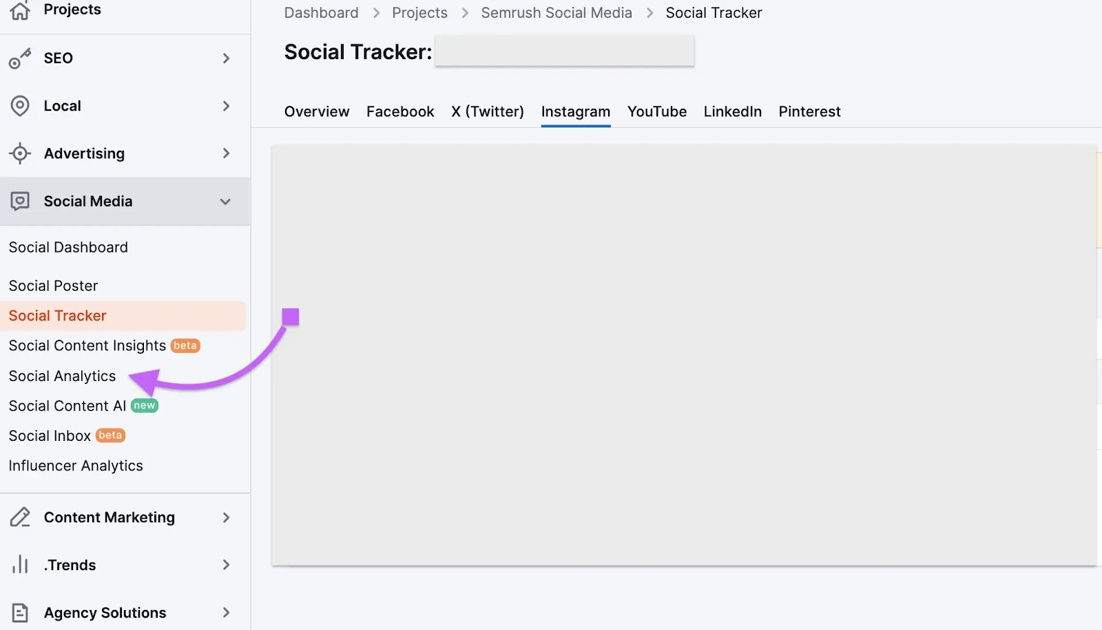 Social Analytics button in the sidebar menu