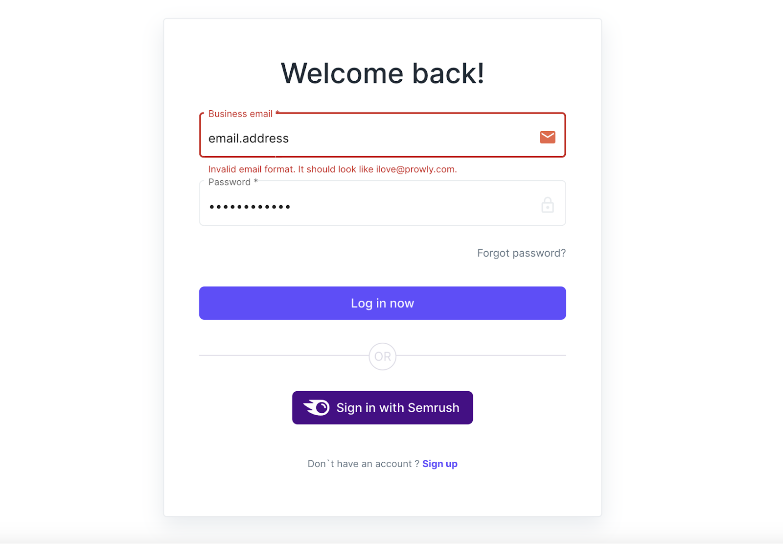 An interactive sign-in form on Semrush