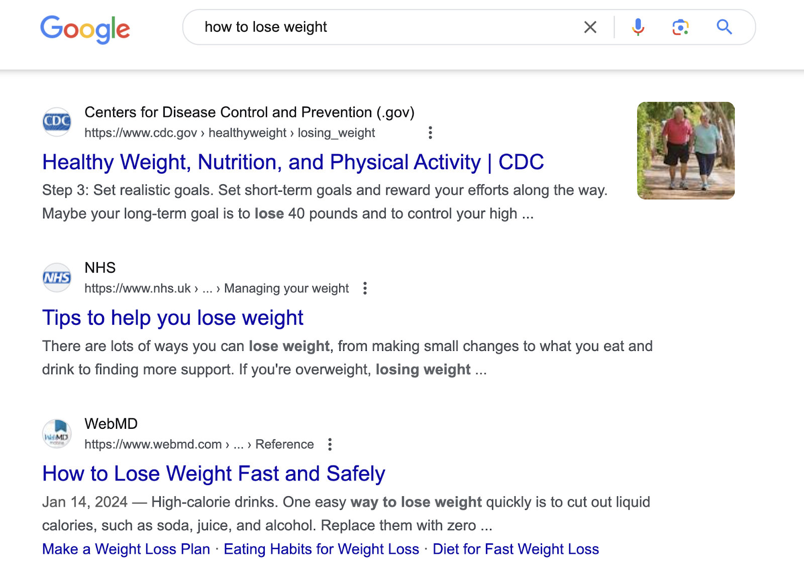 ranking organic pages for "how to lose weight" are from the CDC, NHS, and WebMD