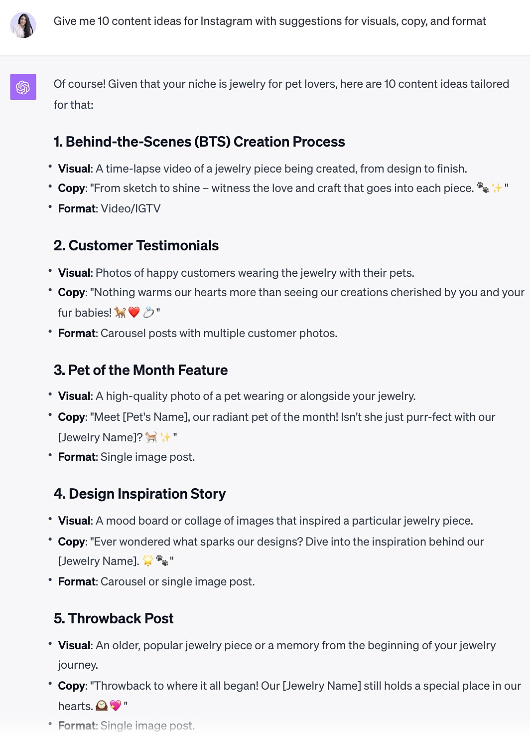 ChatGPT's response to "Give me 10 content ideas for Instagram with suggestions for visuals, copy, and format" prompt