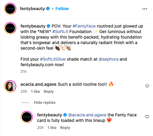 "Fenty Beauty" brand's response to a customer's comment.