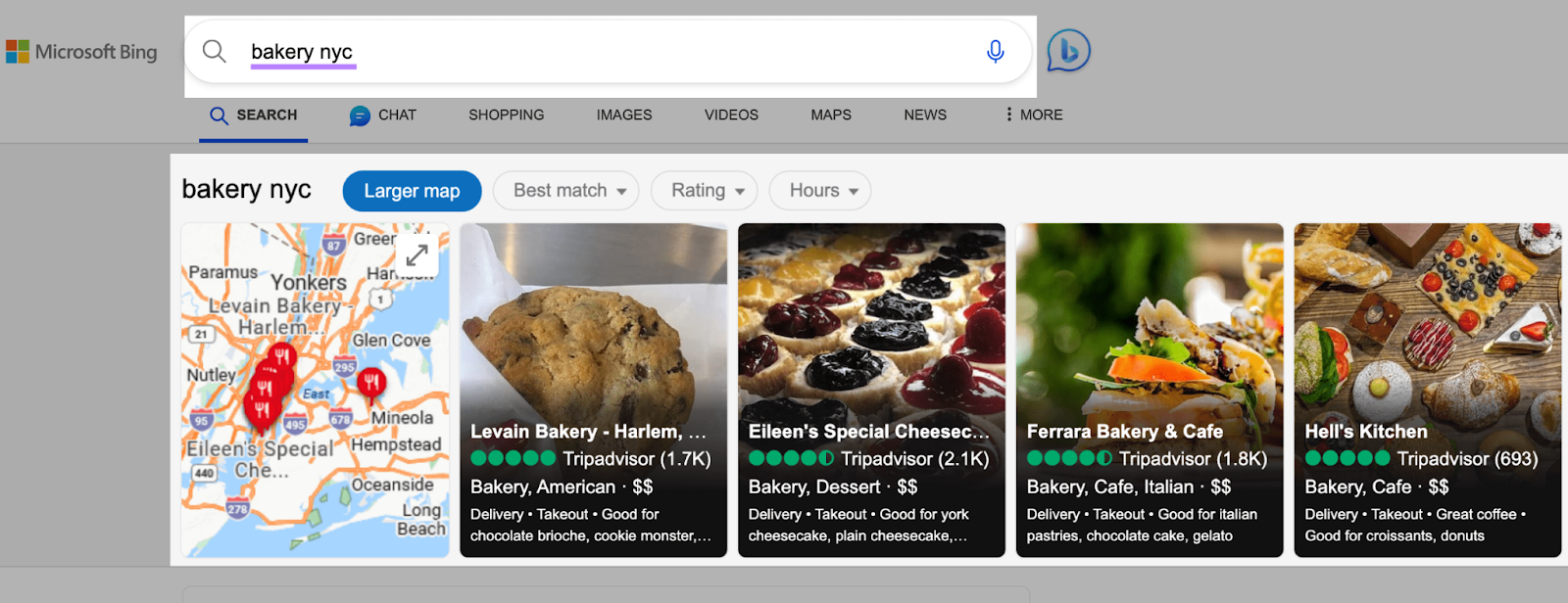 an example of listings that appear for "bakery nyc" search in Bing