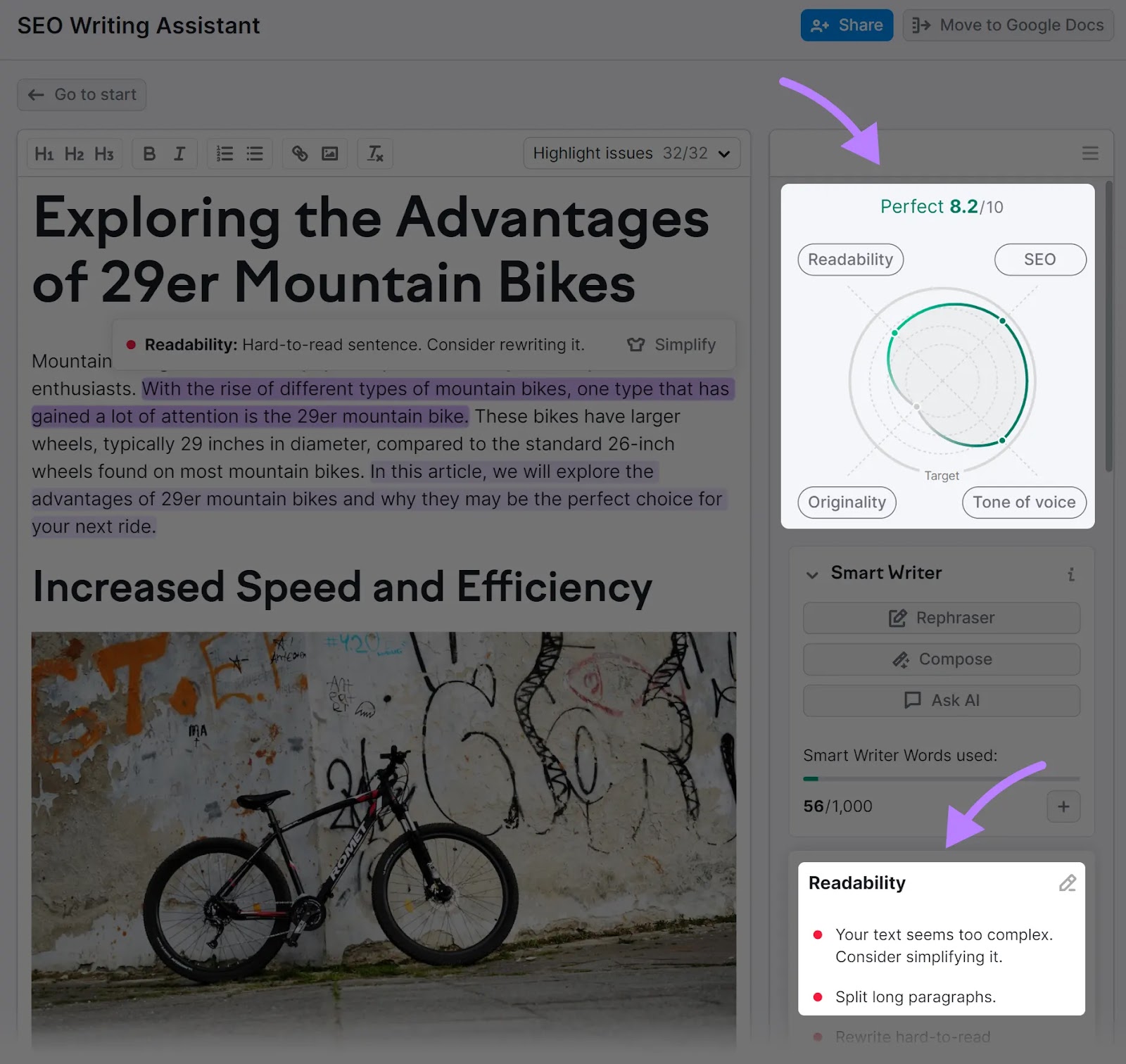 Readability score and improvement suggestions in SEO Writing Assistant