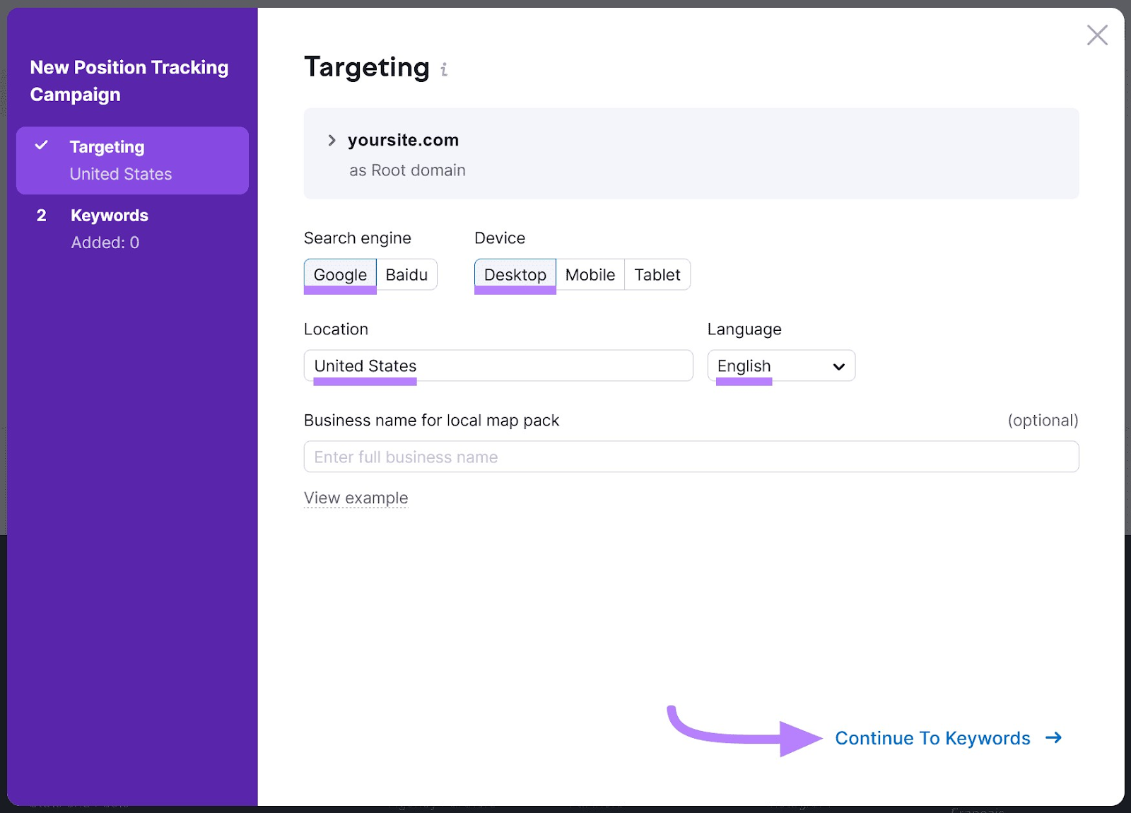 "Targeting" window in Position Tracking settings