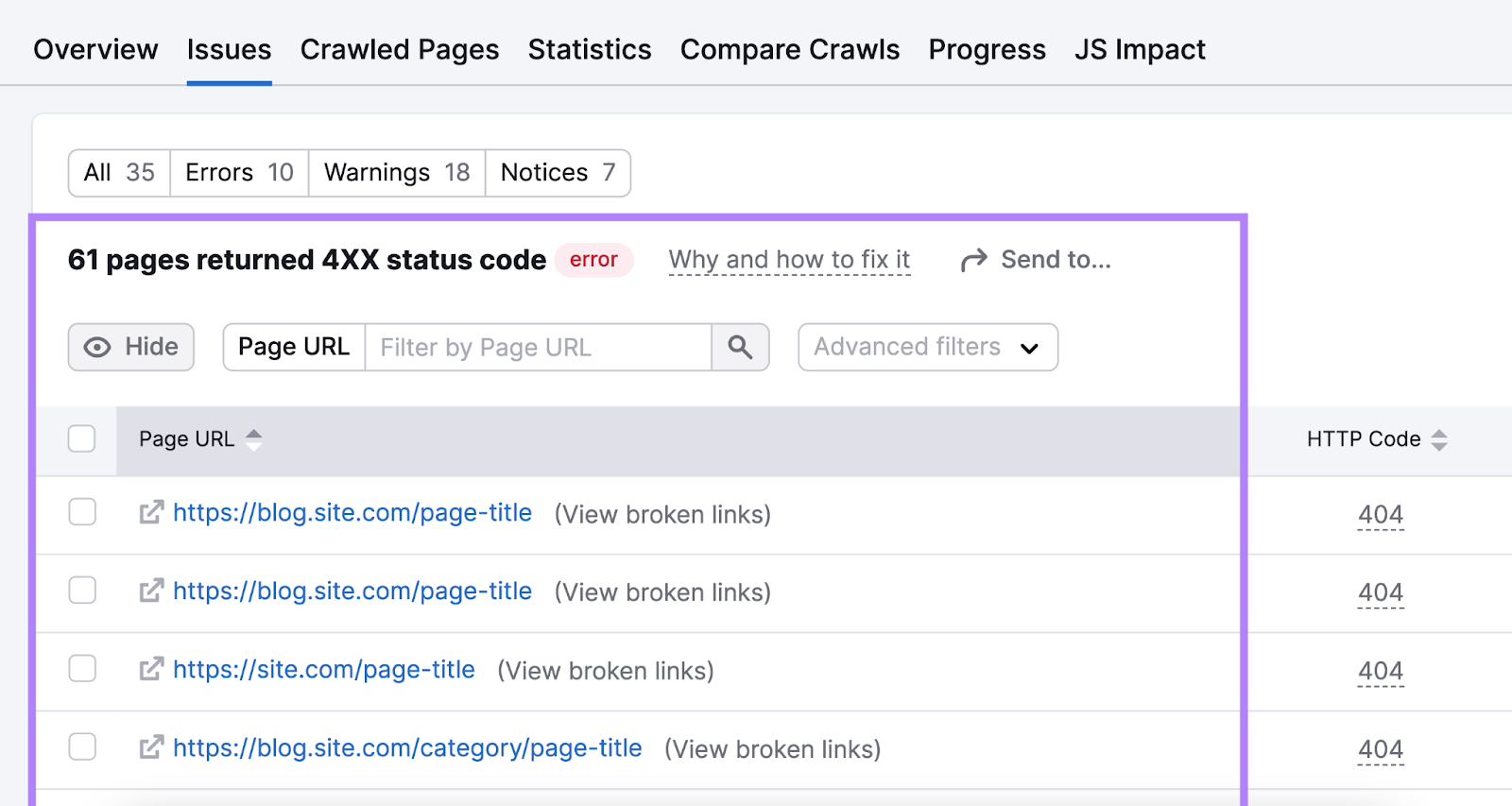 A list of broken pages with 4xx status code found in Site Audit tool